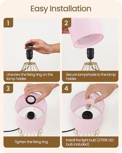 Pink and Gold Table Lamp, Small Bedside Lamp with Metal Base & Pink Linen Lampshade, Modern Nightstand Lamp, Little Cute Desk Lamp for Girl Kid's Room, 2700K LED Bulb Included, DP06TL05 - color: Pink + Gold