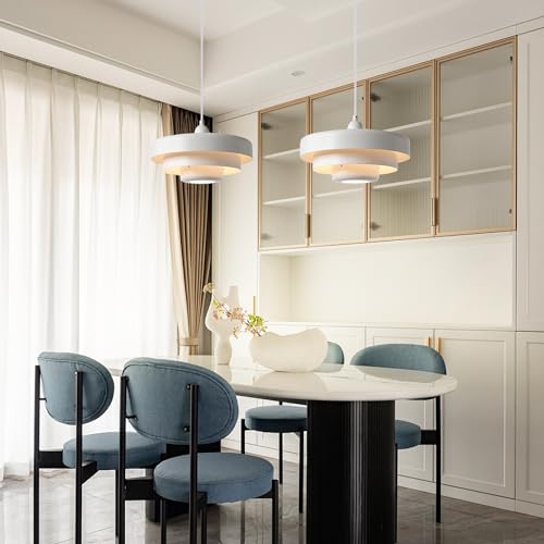 Hanging Lamp Plug in White Pendant Light Fixtures Mid Century Modern Pendant Lamp Nordic Style Pendant Lighting Metal Shade for Living Room Dining Room Bedroom Kitchen Island - color: Standard-White (13.5in)
