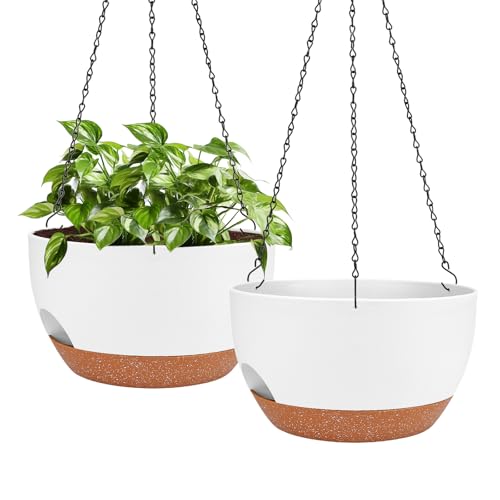 Hanging Planters for Outdoor Indoor Plants, 2 Pack 12 Inch Hanging Basket Plants Outdoor, Self Watering Hanging Planter with Plant Hanger for Garden Home Decoration (White) - color: White, size: 12 Inch