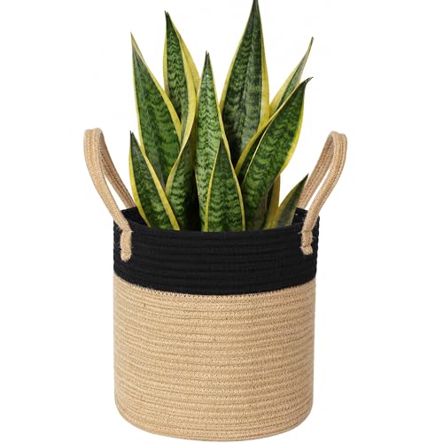 Woven Basket for Plant, 11"x11" Planter Basket for 10" Pot, Indoor Boho Artificial Tree Planter, Small Round Flower Pot Cover, Rattan Holder with Handle for Plants, Jute Spliced Cotton Rope - color: Black and Beige