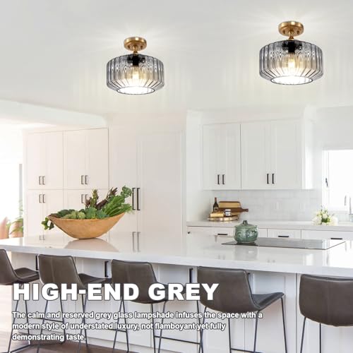 Gray Ribbed Glass Lantern Flush Ceiling Light, Antique Gold Semi-Flush Ceiling Light Fixture, Mid-Century Modern Ceiling Lamp for Foyer, Hallway, Porch, Bedroom - color: Light Gray