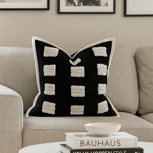 Tufted Boho Throw Pillow Cover, Soft and Luxurious Chenille Fabric, 18x18 inches, Decorative Black and White Pillowcase for Couch, Bedroom, Living Room, Modern Pillowcase for Home Decor - color: Black Base With White Textured Rectangles