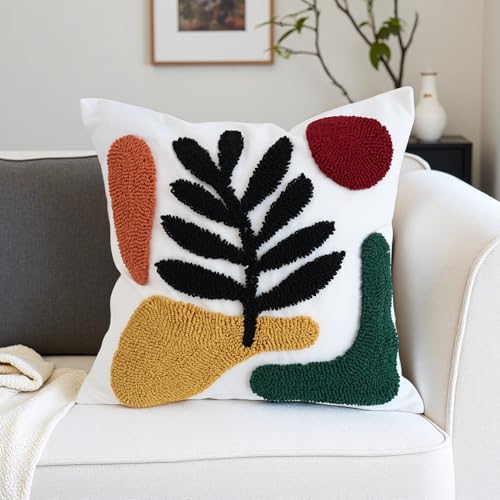 Boho Accent Pillow Covers 18x18- Tufted Abstract Modern Square Throw Pillow Covers, Farmhouse Decorative Pillowcase for Couch, Sofa, Bed, Living Room-Dark Green Khaki Red Geometric Black Leaf - color: Green Botanical Tufted