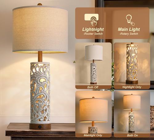 OYEARS 2-in-1 Light Table Lamp Set of 2 for Living Room, 28.5" Farmhouse Bedside Lamps with USB Charging Port, Main&Night Light & Dual Switches, Nightstand Lamp for Bedroom Home Office(Bulb Included) - color: Washed White and Brown