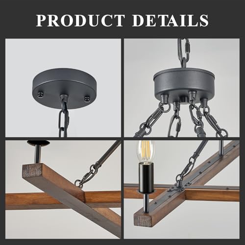 Rustic L53'' Wooden Square Chandelier 10-Light Farmhouse Unique Rectangular Candle Chandelier with White Light Socket for Living Dining Room Foyer Kitchen Bedroom High Ceiling, E12 - color: Walnut, size: 53 inches
