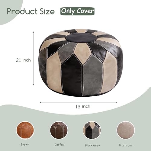 Thgonwid Round Unstuffed Pouf Cover, Faux Leather Storage Ottoman, Boho Moroccan Foot Stool, Multi-Purpose Home Decor for Living Room, Bedroom and Balcony, Black Grey, No Filling Included - color: Black Grey（no Stuffing）