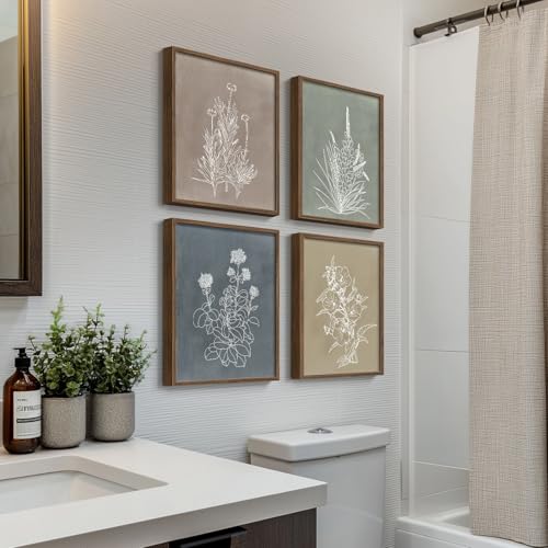 Framed Boho Botanical Wall Art for Bathroom, 4 Piece Rustic Floral Canvas Painting Prints Artwork, Vintage Neutral Flower Pictures for Farmhouse Bedroom Dining Room Kitchen Office Wall Decor, 8x10 In - color: Simple - Walnut Framed, size: 8" W x 10" H x 4