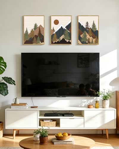 KUVIOKE Morden Mountains Framed Wall Art Boho Pine Tree Forest Nature Landscape Artwork Bohemain Farmhouse Rustic Bedroom Living Home Decor 11x14in (Natural Framed) - color: Wooden Mountain Sunrise, size: 11 x 14in x 3 Panels Natural