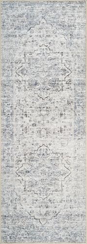 Bloom Rugs Caria Washable Non-Slip 7 ft Runner - Ivory/Blue/Gray Traditional Runner for Entryway, Hallway, Bathroom, and Kitchen - Exact Size: 2'6" x 7' - color: Ivory / Blue / Gray, size: 2'6" x 7' (Runner)