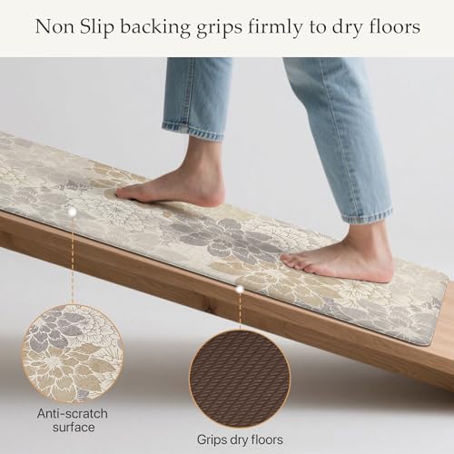 GENIMO Kitchen Mats for Floor, Kitchen Rugs Non Slip Washable Sets of 2, Waterproof Cushioned Anti Fatigue Mat, Floral Runner Rug for Laundry, Sink, Office, Home, 17.3"x47"+17.3"x30", MilkyWhite - color: Milky White, size: 17.3"x47"+17.3"x30"