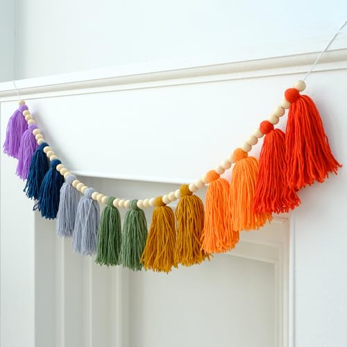 DCJHFJ Boho Tassel Garland Wall Hanging with Wood Beads Colorful Tassel for Kids Room Bedroom Classroom Nursery Dorm Decorations - color: Rainbow