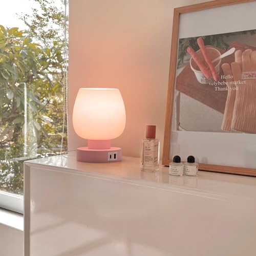 Touch Bedside Table Lamp - Pink Small Lamp for Bedroom with USB C+A Charging Ports 3 Way Dimmable, Nightstand Desk lamp with Glass Lamp Shade Warm LED Bulb Included, Simple Design Christmas - color: USB-pink_1pack, size: USB