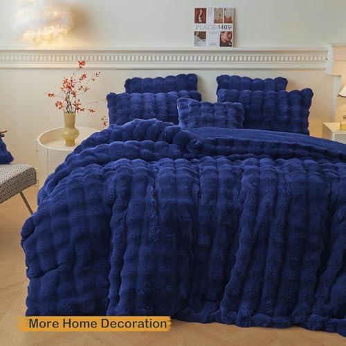 LIFEREVO Fluffy Faux Rabbit Fur Body Pillow Cover, Luxury Bubble Waffle Shaggy Plush Bed Pillowcase with Zipper Closure, Royal Long 20"x54" Fuzzy Furry Pillow Case for Adults Kids Girls, Navy Blue - color: Navy Blue
