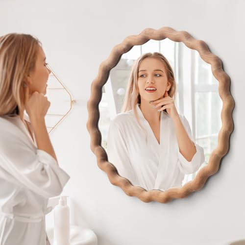 Irregular Wall Mirror,Wood Round Farmhouse Mirror Unique Vanity Mirror,28" Nature Wooden Modern Bathroom Mirror for Washroom Living Room Bedroom - size: 28"L x 28"W
