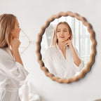Irregular Wall Mirror,Wood Round Farmhouse Mirror Unique Vanity Mirror,28" Nature Wooden Modern Bathroom Mirror for Washroom Living Room Bedroom - size: 28"L x 28"W