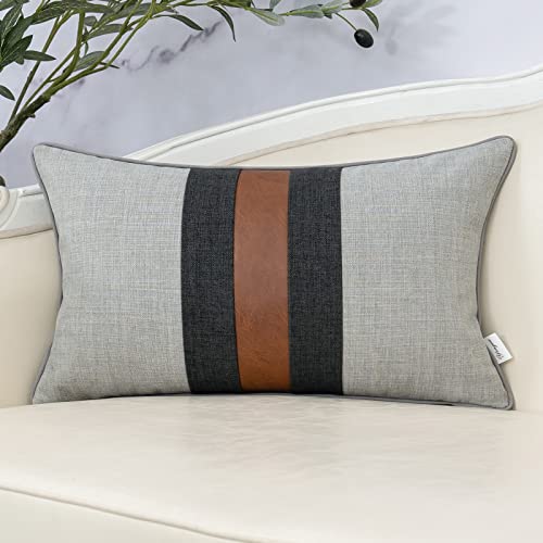 Yangest Patchwork Pillow Cover 12x20 Inch Luxury Cotton and Linen Cushion Cover Faux Leather Pillowcover for Couch Bedroom Living Room, Gray - color: L-grey, size: 20" x 12" (Pack of 1)