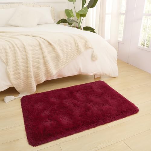DETUM Small Rug 2x3 Fluffy Rugs for Bedroom Kicthen Entryway Hallyway Washable Non Slip Burgundy Rug, Plush Fuzzy Throw Rugs for Kids Girls Room Decor - color: Burgundy, size: 2 x 3 feet