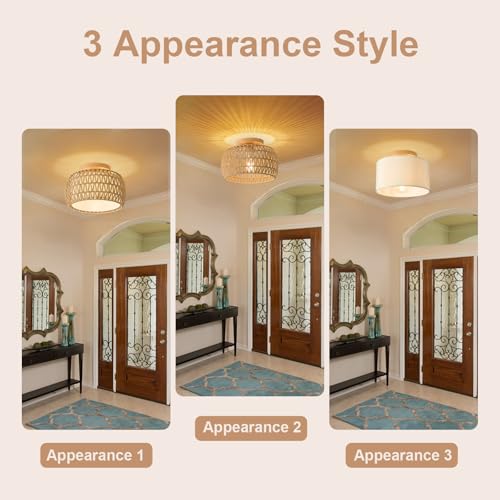 2 Packs Boho Rattan Flush Mount Ceiling Lights 12 Inch Farmhouse Ceiling Light Fixtures Rustic Wicker Hand Woven Rope Cage for Dining Room Kitchen Bedroom Foyer Hallway Entryway - size: 12 Inch 2 Packs