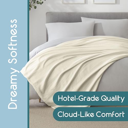 Vellux 100% Cotton Blanket, King, 108x90, Ivory | Soft, Breathable Knit, Lightweight, All Season, Machine Washable, Oeko-Tex Certified, Hotel Quality - color: Ivory, size: King