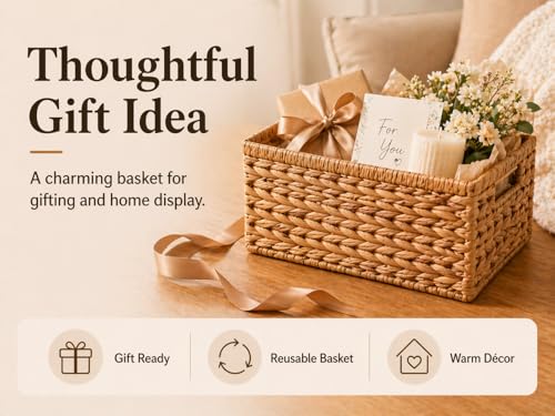 Wicker Storage Basket, Water Hyacinth Basket for Organizing, Rectangular Wicker Storage Baskets for Shelves, Small Wicker Basket with Built-in Handles, Natural, 12.6 x 8.66 x 6.3 Inch
