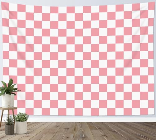 HVEST Pink Tapestry Pink Checkered Pattern Wall Tapestry for Bedroom Living Room Checkered Backdrop Birthday Party Backdrop Decor, 70.9L x 92.5W Inches - color: Pink, size: 70.9"L x 92.5"W
