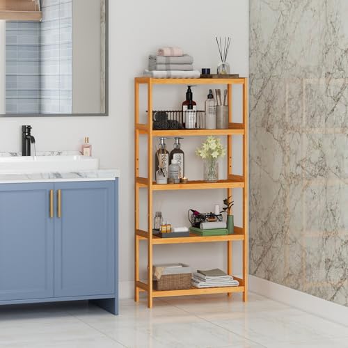 kinbor 5-Tier Bamboo Bathroon Shelf - Multifunctional Bamboo Rack Storage Shelving Rack Utility Shelf for Bathroom Kitchen Living Room - size: 5-Tier