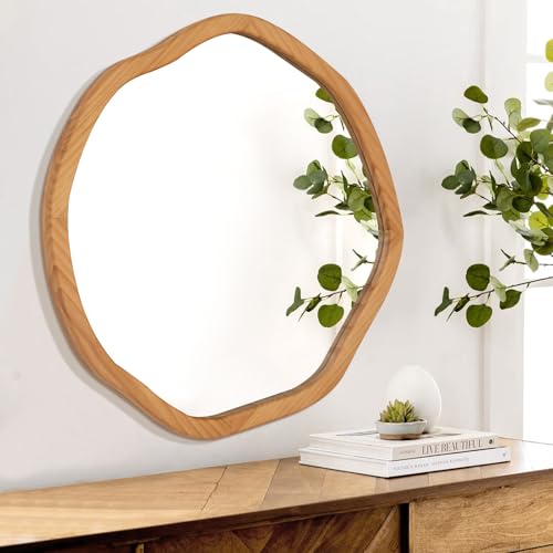 ULIKE Round Wood Mirror, 30 Inch Irregular Circle Vanity Wall Mirror with Wooden Frame, Rustic Decorative Wall Mount for Bathroom Bedroom Living Room Entryway, Natural - color: Wood, size: 30"L x 30"W