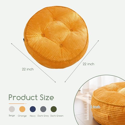 HIGOGOGO 6" Extra Thick Floor Pillow Cushion for Adults, Meditation Cushion Pillow, Large Round Floor Sitting, Tufted Corduroy Cover, for Tatami Living Room or Yoga, 22x22 Inch, Orange - color: Round Orange, size: 6" Thick(Pack of 1)