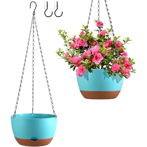 Set of 2 Hanging Planters for Indoor Outdoor Plants, 10 Inch Self-Watering Hanging Flower Pots with Drainage Hole & Removable Water-Storage Tray (Hooks) - color: Sky Blue, size: 10 Inch (M)
