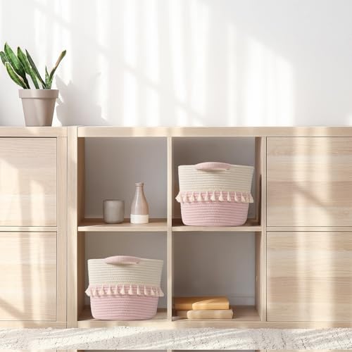 TeoKJ Storage Baskets 2 Packs, Storage Basket for toys,Towel, Storage Bins, Woven Basket for Shelves Bedroom Laundry Nursery, White & Pink - color: White & Pink, size: 2 Pack
