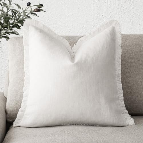 Foindtower Decorative Linen Fringe Throw Pillow Covers Cozy Boho Farmhouse Cushion Cover with Tassels Soft Accent Pillowcase for Chair Sofa Bed Living Room Home Decor, 16×16 Inch, 1PC, Cream White - color: Cream White, size: 16" x 16" (Pack of 1)