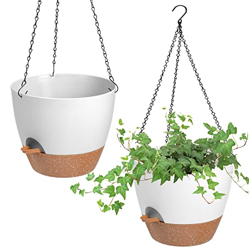 Vanslogreen Hanging Planters for Indoor Outdoor Plants, 2 Pack Self Watering Hanging Pot with Drainage Holes & Removable Tray (White, 8'') - color: White, size: 8''