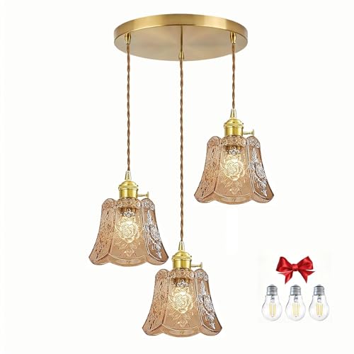 Amber Wind Chime Glass Pendant Light, 3 Natural Light Bulbs Included, Adjustable Cord with Switch, Hanging Lamp for Kitchen Island/Dining Room - color: Amber 3pcs Flower Pendant Light