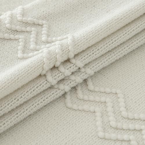 MIULEE Cream White Knitted Throw Blanket for Couch Textured Knit Blanket with Tassels Cozy Woven Boho Bed Blanket for Sofa Bed Chair Acrylic Wave Pattern 50"x60" - color: Cream White, size: 50" x 60"