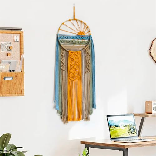 LB Macrame Wall Hanging Boho Macrame Wall Decor, Sunset Wall Art Dream Catcher Hand Woven Wall Art Boho Colorful Sun Tapestry for Bedroom Living Room Nursery Office Backdrop, 10x33 Inch - color: Orange
