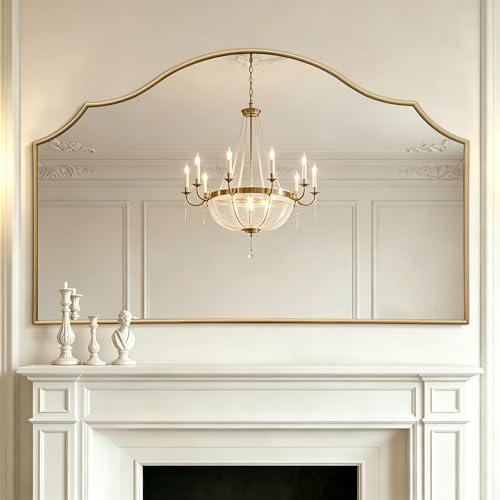 Besdomus Oversized Scalloped Gold Mirror: 54"x34" Modern Minimalist Wood Frame Wall Mirror - Decorative Fireplace Arched Mirrors for Bathroom/Entryway/Vanity/Living Room - Home Decor for Fashion Women - color: Gold Leaf, size: 34"L x 54"W