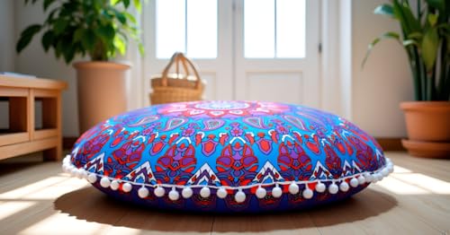 Round Mandala Floor Pillow Cover Seating Cushion Throw Cover Ottoman Pouf Cover Pom Pom Pillow Cases Hippie Decorative Bohemian Boho Indian 22 Inches (Purple Blue) - color: Purple Blue