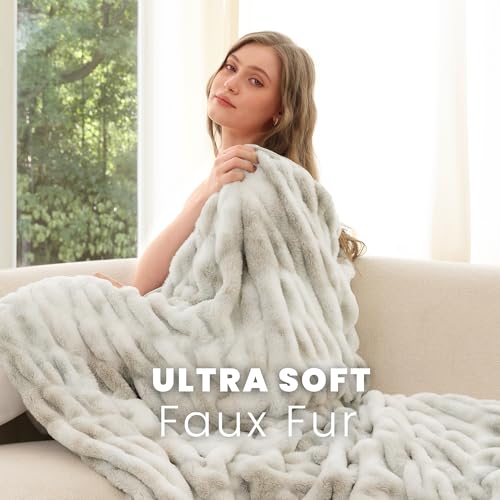 Faux Rabbit Fur Throw Blanket, Ultra Soft Plush Cozy Blanket for Couch Bed, Thick Fluffy Ruched Tie-Dye Decorative Blanket, Giftable,50"x60",Tie-Dye Cream Beige - color: Tie-dye Cream Beige, size: Throw(50"x60")
