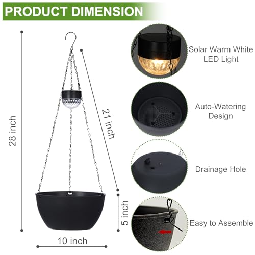 BAYN 2 Packs Solar Hanging Basket Planters for Plants Outdoor, Self Watering Black Flower Plants Pots with Solar Light Drainer for Balcony Patio Garden Outdoor Decoration - color: Black