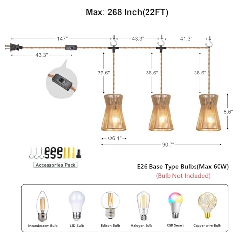 3 Lights Plug in Pendant Light with Cord On/Off Switch Rattan Hanging Lamp with 22ft Hand Woven Wicker Plug in Chandelier Boho Hanging Lights Fixture for Bedroom Kitchen Hallway Foyer - size: Plug 3 Lights