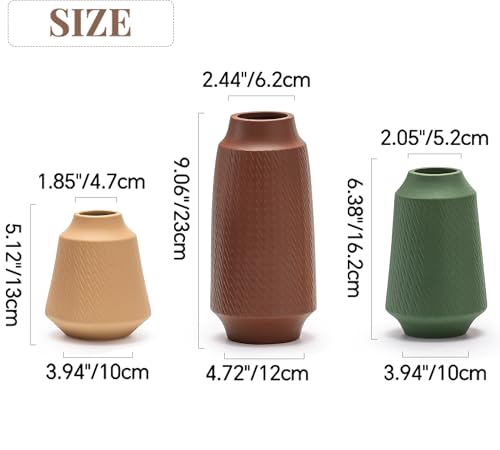 Ceramic Vase Set of 3, Modern Multicolor Pattern Flower Vases for Home Decor, Office, Centerpieces, Boho Farmhouse Style (Red/Green/Orange) - color: Terracotta, Sage Green, Sand-vt2
