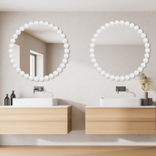 White Round Wall Mirror 24'' Wood Beaded Mirror for Wall Decor Large Circle Decorative Wall Mirror White Hanging Mirror for Bathroom,Bedroom,Living Room,Nursery Room,Kids Room - size: 24"L x 24"W