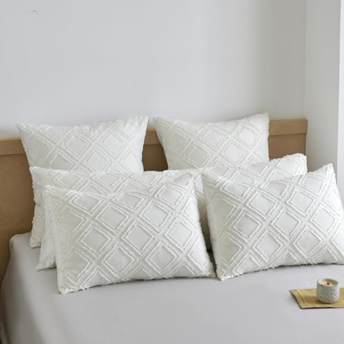 Standard Pillow Shams 2 Pack, Standard Size Pillowcases, Soft Microfiber Geometric Tufted Pillow Covers with Envelope Closure, Ivory, 20x26 Inches - color: Ivory-grid, size: Standard(20*26)