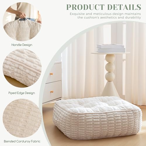 HIGOGOGO 8" Floor Pillow Cushion for Adults, Meditation Cushion Pillow, Blended Corduroy Cover, Large Square Floor Sitting for Tatami Living Room or Yoga, 2Pack, Beige - color: Square Beige, size: 8" Thick(Pack of 2)