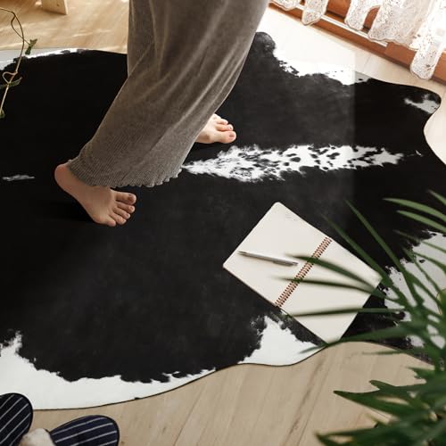 BENRON Small Cowhide Rug Black, Faux Cow Hide Rugs for Entryway Kitchen Hallyway Western Home Decor, Non Slip Cute Rug with Irregular Animal Skins and Hides, 2.3 x 3.6ft - color: Black, size: 2'4" x 3'7" (Irregular)