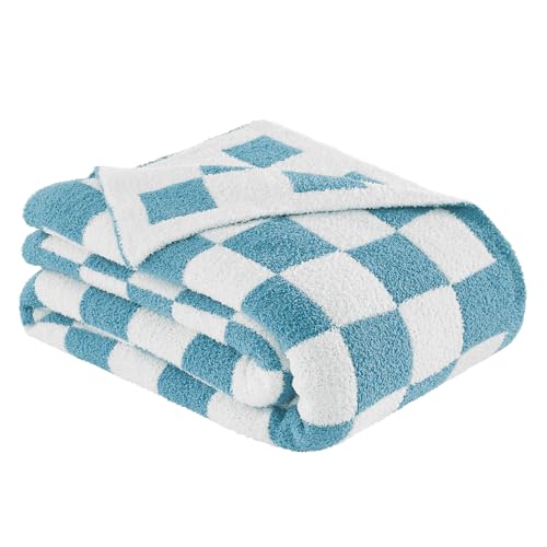 Checkered Throw Blanket, Light Blue Soft Cozy Fluffy Knitted Throw Blankets for Couch, Sofa, Bed, Chair, Warm Fuzzy Travel Picnic Lightweight Plaid Blanket, 50x70 inches - color: Light Blue, size: 50×70 Inch