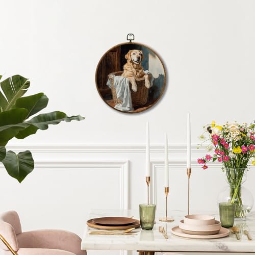 JUIOEIU Vintage Golden Retriever Laundry Room Round Wall Decor, Golden Retriever Gifts Framed Canvas Prints, Dog in Basket Wall Art Hanging Decorations for Washroom Laundry Room Decor, 10x10in - color: Laundry room10