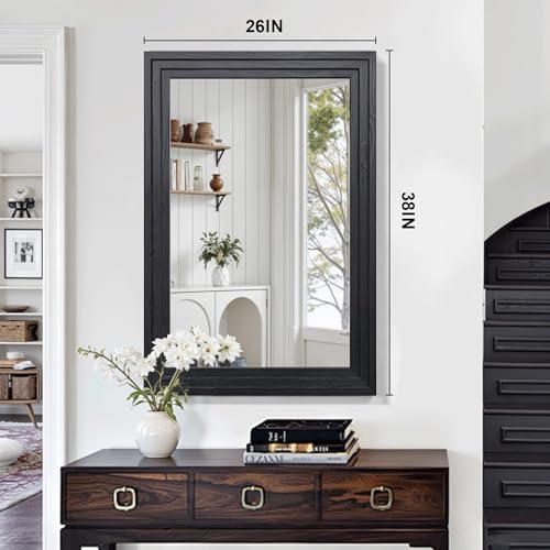 Wood Framed Mirrors for Wall, Black Bathroom Vanity Mirror for Over Sink 26 x 38, Vintage Wall Mirror for Bathroom Sink Hallway Entryway Bedroom Living Room Farmhouse Boho Style - color: Wooden Black, size: 38"L x 26"W