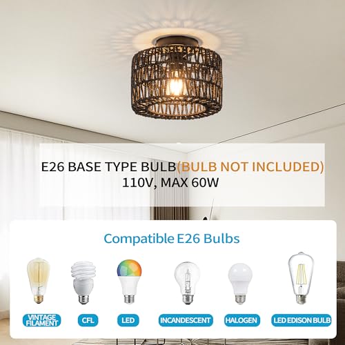 Rpzloila Rattan Ceiling Light, 1 Light Farmhouse Woven Flush Mount Ceiling Light, Boho Light Fixture for Bedroom Living Room Hallway Entryway, Black Finish - color: Black, size: 1-Light-Round
