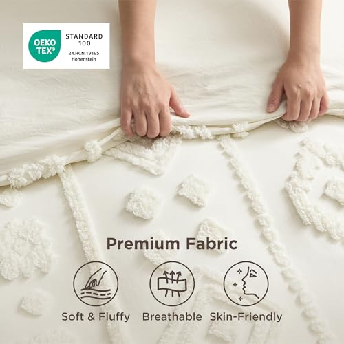 Bedsure Boho Tufted White Comforter Set Queen Size, GentleSoft™ 3 Pieces Boho Farmhouse-Style Decor Bedding, Exquisite Bedding for All Seasons, 1 Bed Comforter, 2 Pillow Shams, 90x90 Inches - color: 03 - Distressed Vintage White, size: Queen (90" x 90")